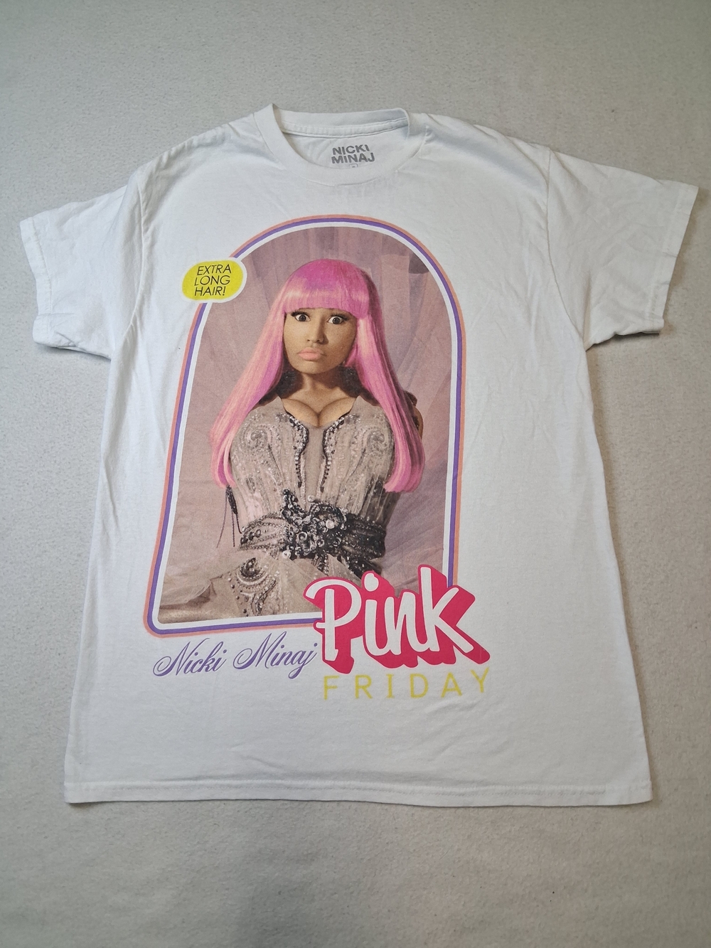 Nicki Minaj White Tee with Pink Graphic Hair and Pink Logo